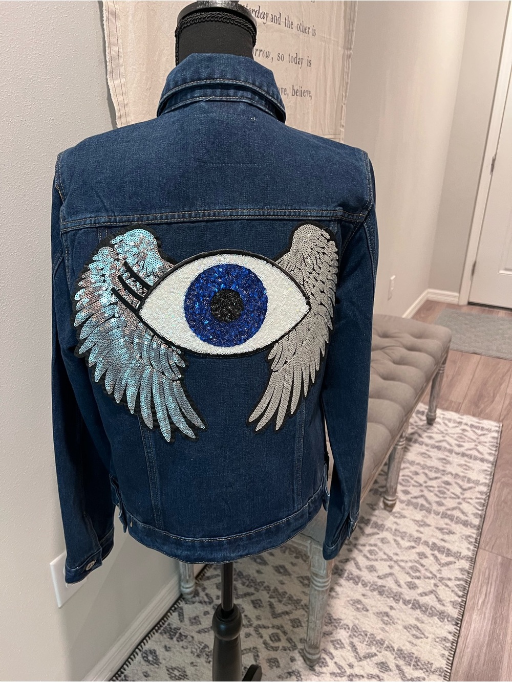 Sequin Eye Wing Dark Blue Denim Jacket